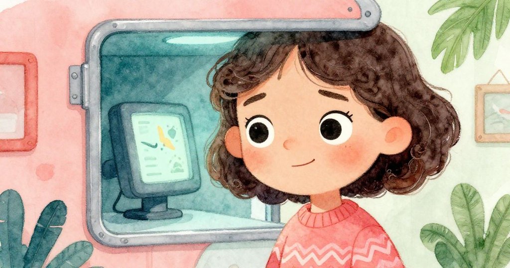 Leah特寫鏡頭中凝視著閃爍警告的感應器，她眉頭微蹙，充滿了一絲擔憂，背景略顯模糊。