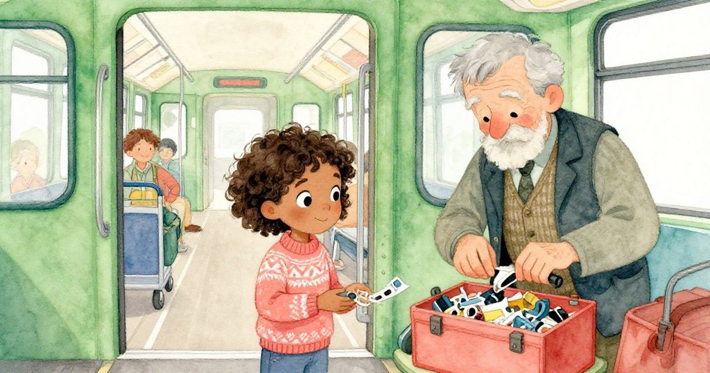 電車內送貨推車擋住門口，Leah忙於整理物品，退休發明家從容拿出工具，氛圍溫暖忙碌。