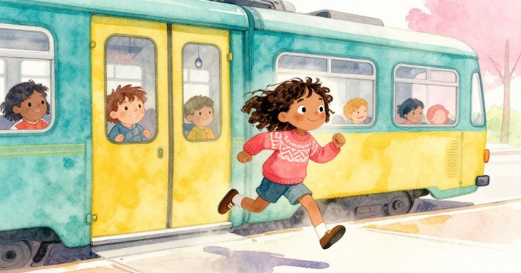 Leah急奔向關門的電車，她腳步急促拍打甲板，展現出一絲焦急與緊張的動感。