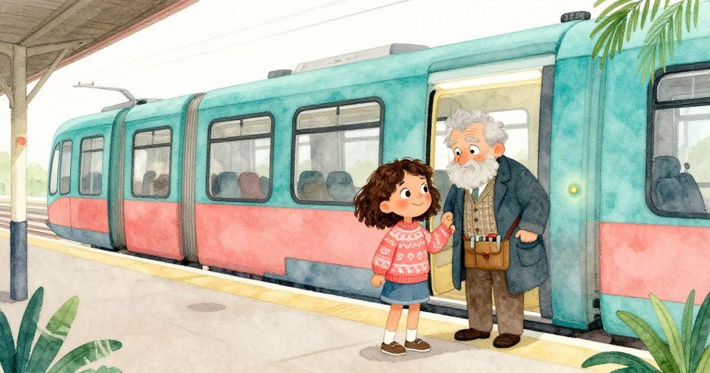 Leah與退休發明家在站臺上並肩下車，感應器螢幕如小燈籠般微光閃耀，營造出溫馨解決的氛圍。