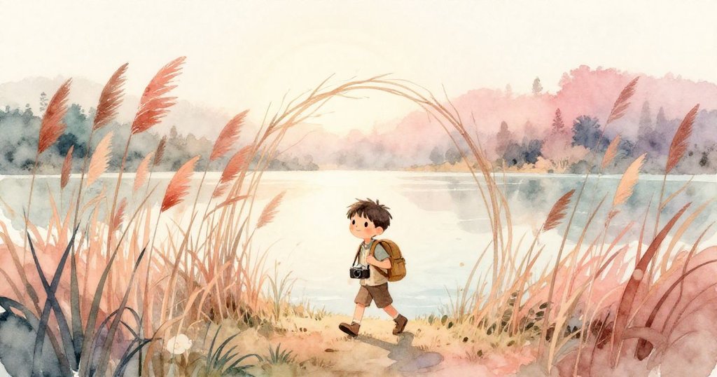 Milo在黎明前的湖邊,帶著三腳架和背包穿過蘆葦門,臉上露出興奮與期待,踏入靜謐晨光中的湖畔。