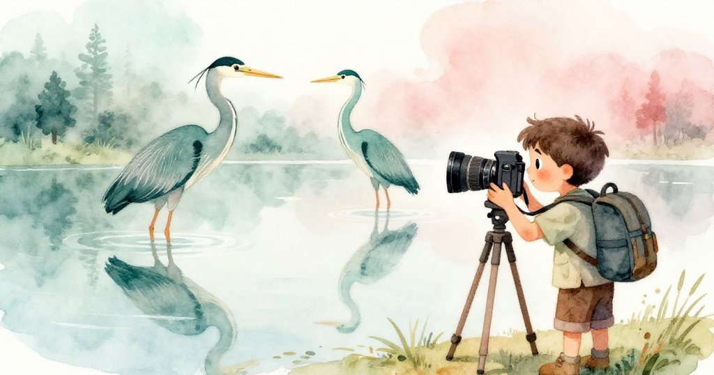 Milo按下快門後,湖面上映出兩隻翠鷺倒影,水面平靜猶如鏡子,洋溢著勝利與喜悅的氣氛。