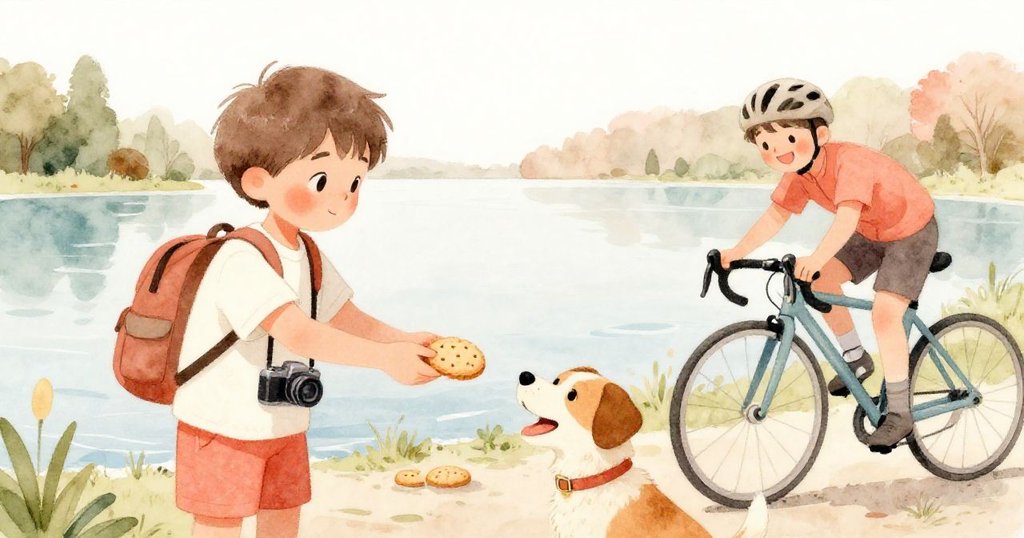 Jocelyn遞餅乾給吠叫的小狗以分散注意力,Milo微笑看著湖面雙翠鷺倒影,場景溫馨平靜充滿解決後的喜悅。