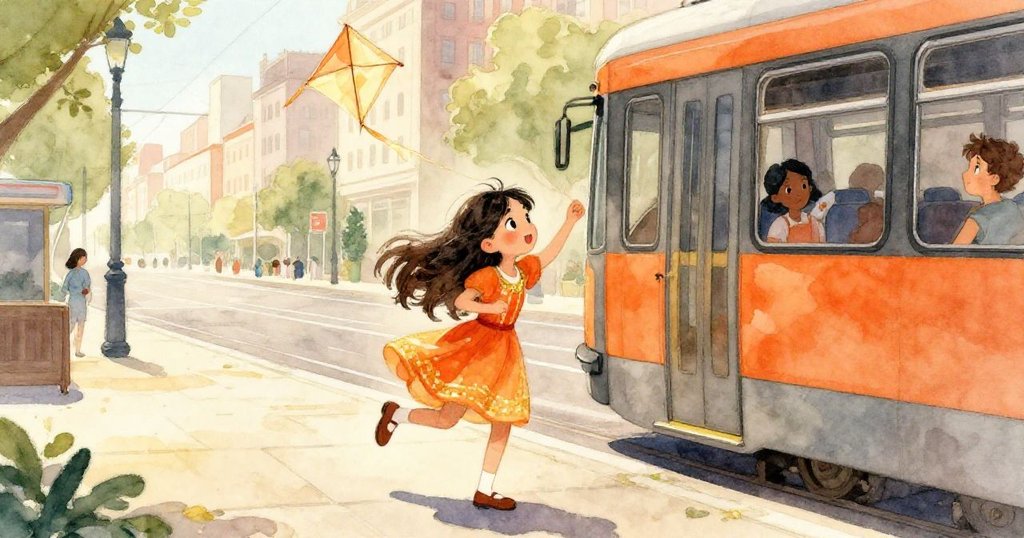 米拉踏出電車,手抱摺紙風箏,河濱廣場晨光燦爛,人群背景動態且充滿期待