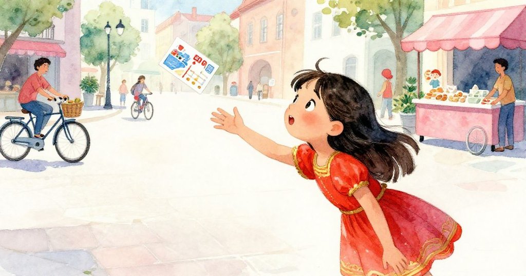 米拉在繁忙廣場中彎腰撿飛舞明信片,背景小販與騎車人群營造空曠氛圍,動感十足熱情洋溢