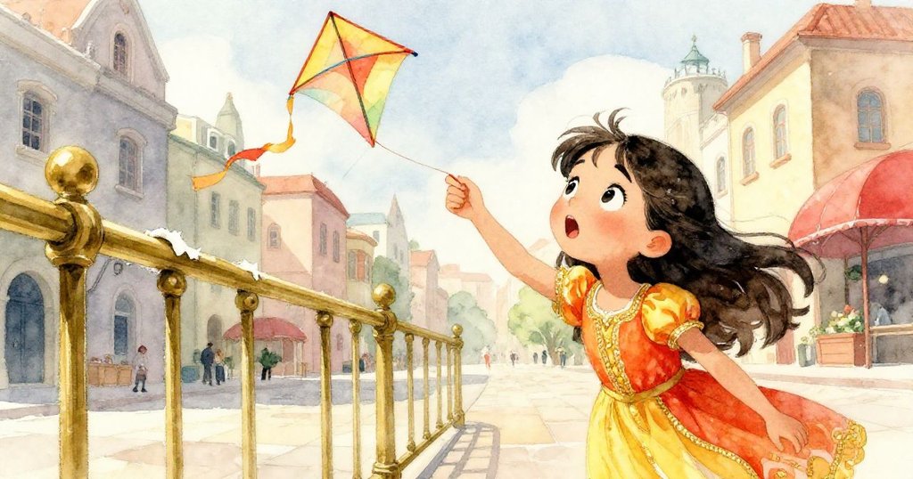 米拉驚訝望向被風攪亂掛在銅鐵欄杆的紙風箏,角度低側展現風箏破損細節,現代廣場背景清晰