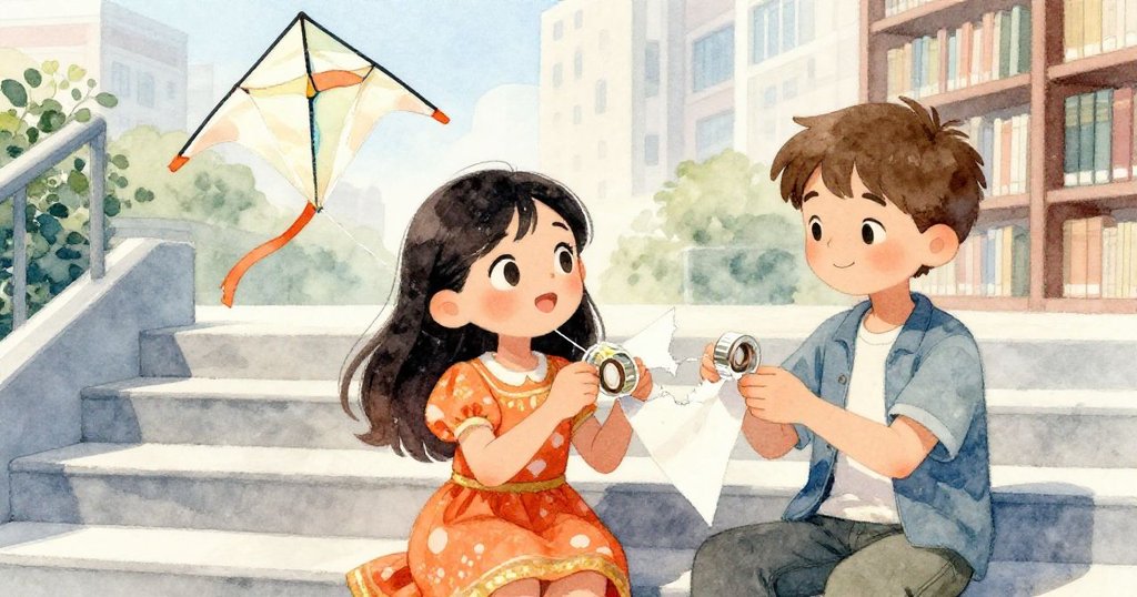 米拉與兄長於圖書館階梯前溫情互助,兄長遞上透明膠帶,兩人合作修補破損紙風箏,氛圍和諧充滿希望