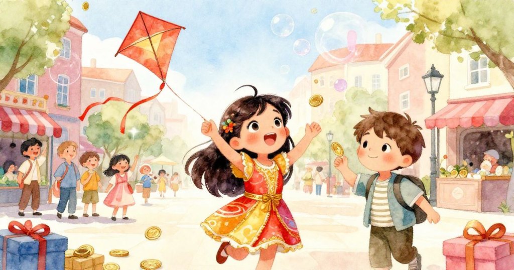 米拉與兄長欣喜觀望高飛紙風箏,廣場上小販人群共慶熱鬧時刻,硬幣碰撞聲與泡泡飄散滿溢歡樂