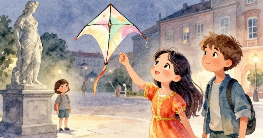 日落時米拉與兄長靜觀紙風箏依靠雕像,廣場餘暉柔和,彷彿故事落幕引人深思詩意濃