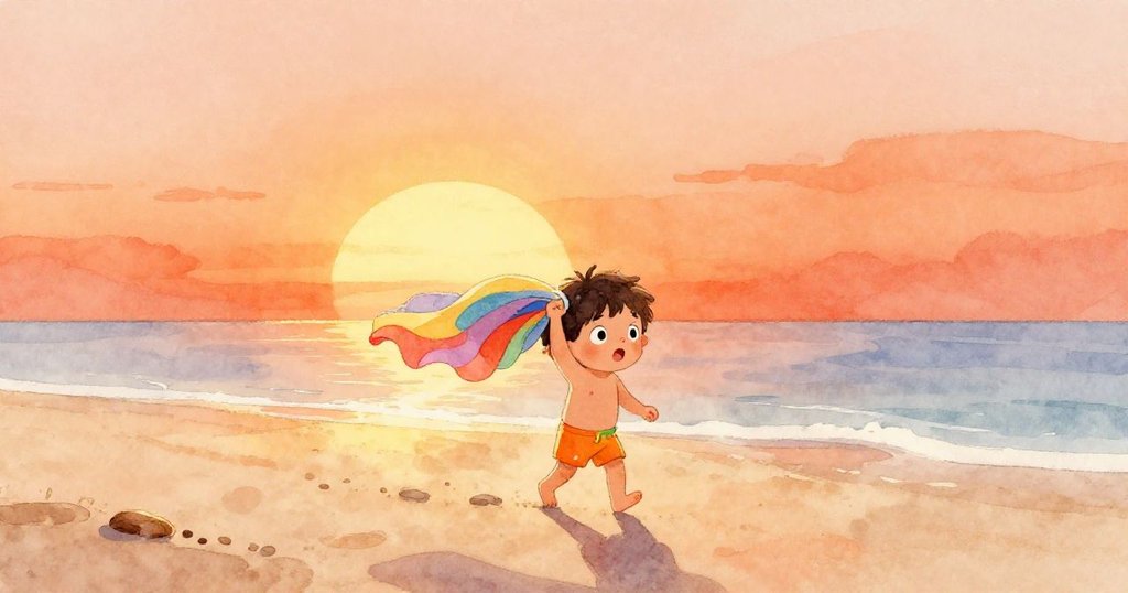 路卡在晨光映照的金色沙灘上前行，手持繽紛布條，背景展現寧靜海洋與早晨光暈，充滿期待