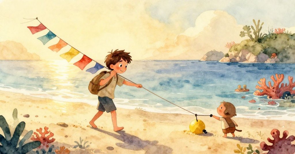 路卡的手緊握著色彩繽紛的布條，布料隨海風吹拂輕盈飄動，細膩質感展現冒險前奏