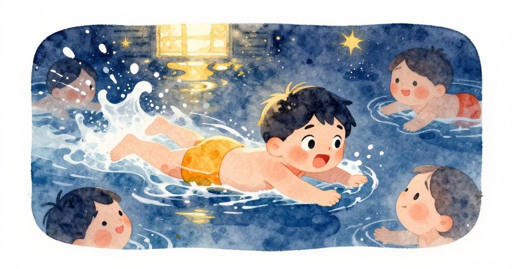 路卡在海中奮力游泳，周圍假日泳客嬉戲濺水，水面如窗展現耀眼反光與動感情景