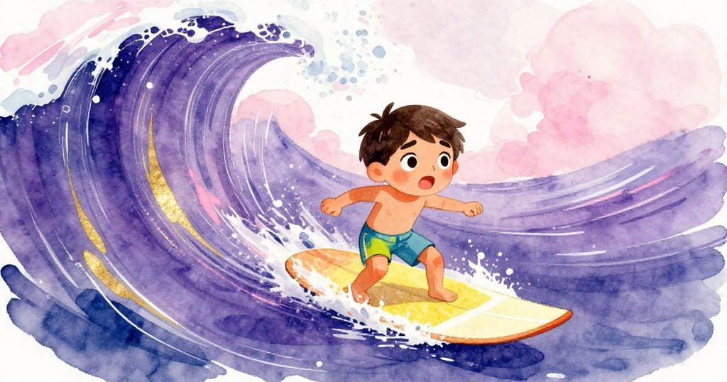 路卡在橫流中被迫變換游泳路線，騎上明亮滑板奮力划水，表情堅定，波浪翻湧展現挑戰