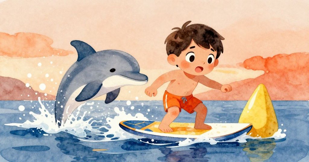 路卡與快樂海豚在海中互動，海豚噴出泡沫推動滑板靠近浮標，臉上驚喜洋溢，生動動感