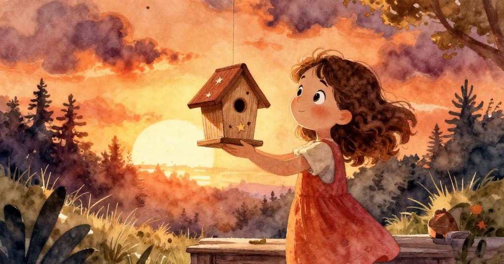 Lena在背階上握著粉漆鳥屋，身影於黃昏背景中顯現，期待與雨雲悄然聚集的情景。