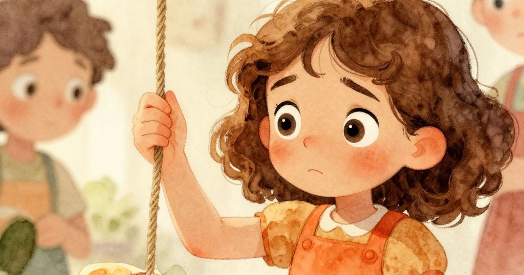 Lena凝視著細繩，神情專注且略帶憂慮，輕風吹拂她的袖子，展現出決心與期待的內心世界。