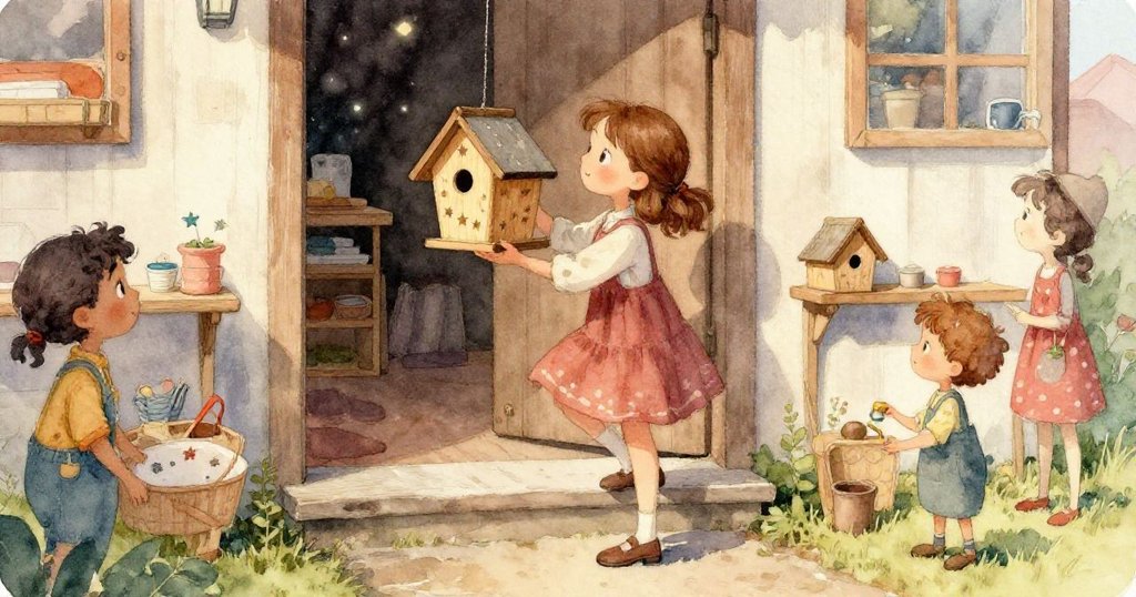 小鴉雀從低角度視角飛至繩旁，映襯出庭園中蘋果樹枝和自然風光，為故事增添魔幻與生動的氣氛。