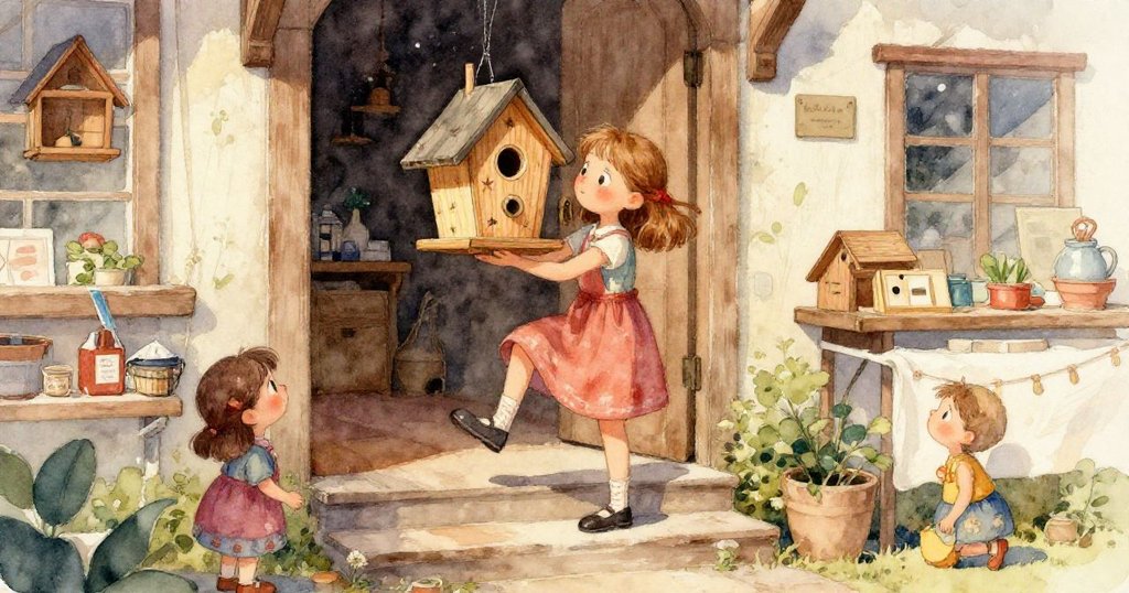 Lena小心綁繩於鳥屋上，展現雕刻星星與鮮黃漆面，細膩手部動作在溫暖光線中流露出期待與巧思。