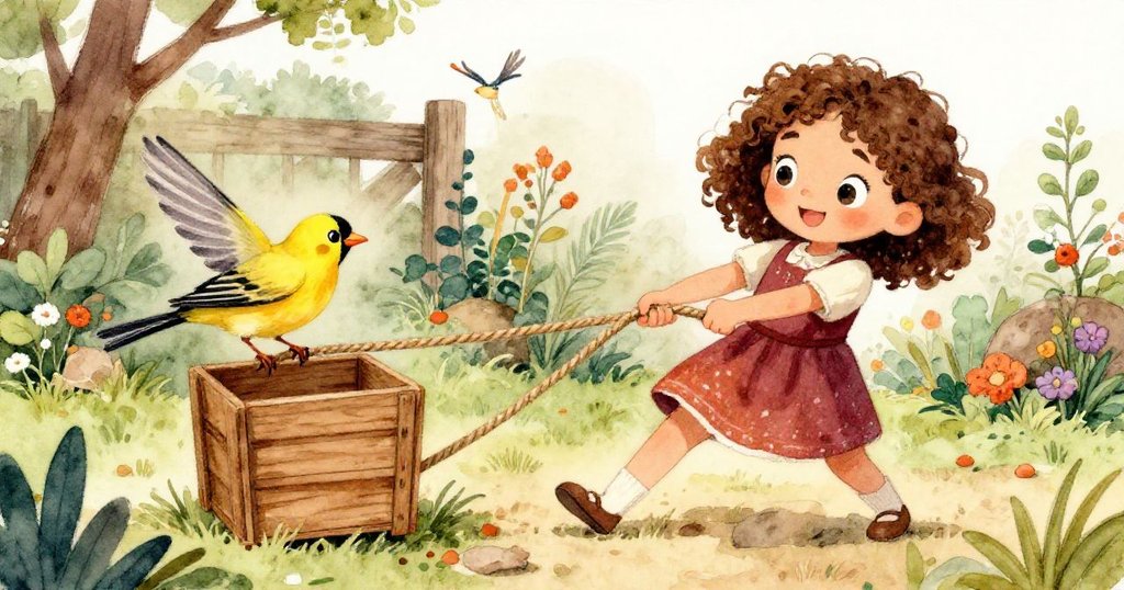 Lena與小鴉雀互動，拉緊繩子時板條滑動，鳥兒停靠其上，共同締造出人與自然合作的溫馨瞬間。