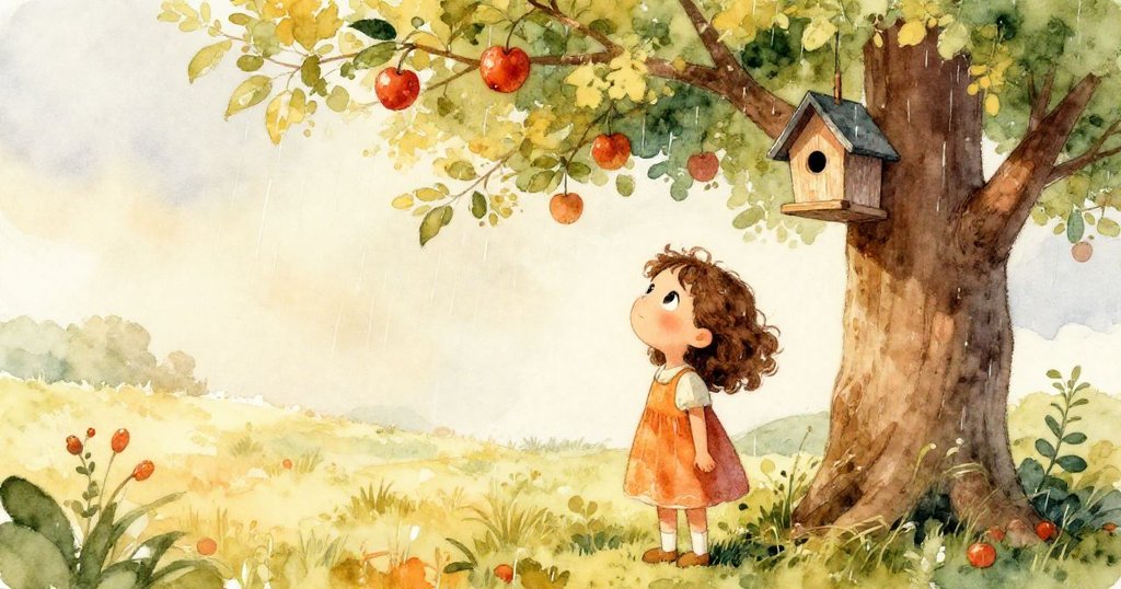 Lena站在蘋果樹下觀看遠方，鳥屋懸掛如燈籠，柔雨輕灑下新希望，表情平靜而充滿未來期盼。