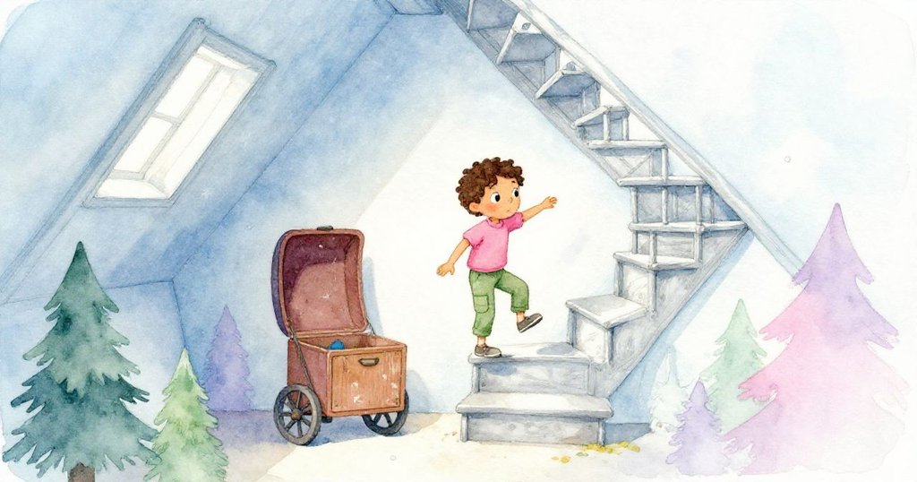 盧卡斯在狹窄旋轉樓梯下平衡小推車，整個場景從上方俯瞰展現其決心與溫暖家居環境，充滿期待。