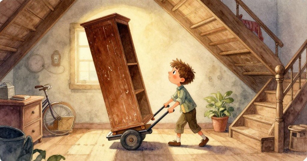 盧卡斯正以專注神情調整推車繃帶，手部特寫強調忙碌且充滿決心的動作，環境溫馨。