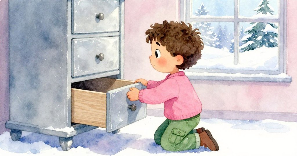 盧卡斯蹲下檢查書櫃底部隱藏抽屜，窗外冬日雪光映襯，透露出驚喜與奇遇的柔和情感。