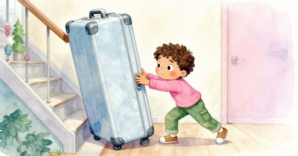 盧卡斯緊張推動空書櫃下階梯，臉上表露專注與奮鬥情緒，展現家庭挑戰的真實瞬間。