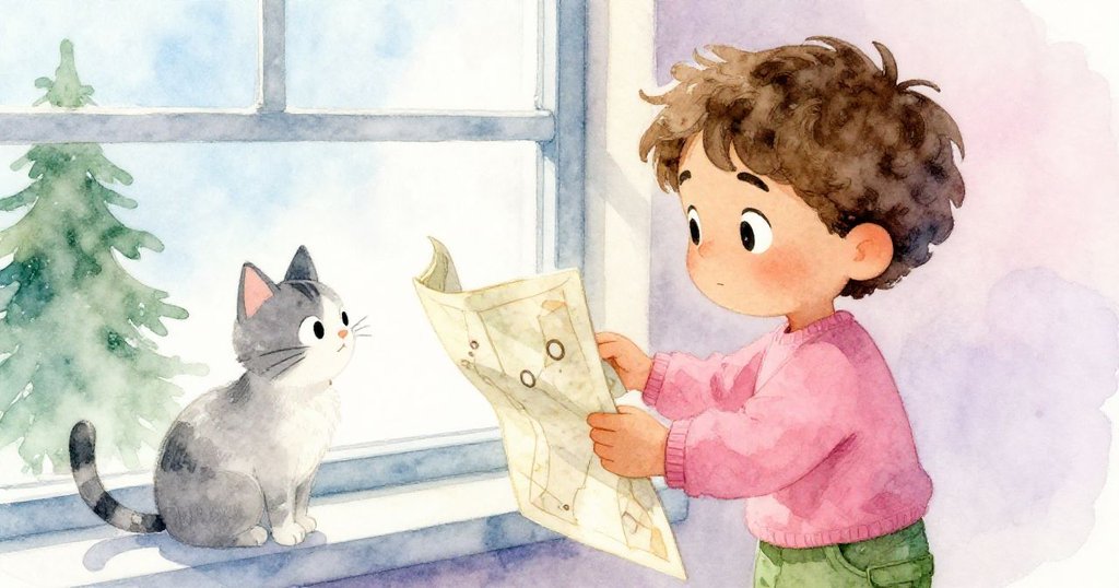 盧卡斯驕傲展示神秘地圖，與友善小貓共享成功喜悅，窗邊光影映襯出溫馨家庭成就感。