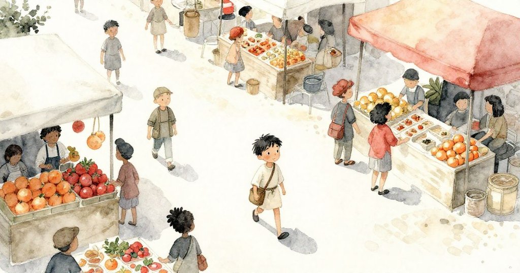 Galen 進入熱鬧市場，從上方俯視，調整背包，陽光灑下，群眾熙熙攘攘，展示出期待與開端。