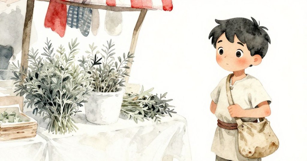 Galen 在藥攤前仔細觀察稀少的草葉與空帆布包，光線柔和，呈現希望與缺乏資源的鮮明對比。