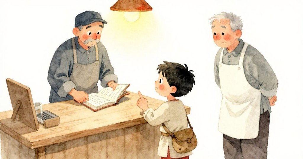 高角度下，Galen 坐在小櫃台前焦急敲打桌面，商人背後專注記帳，展現期待與緊張的情緒。