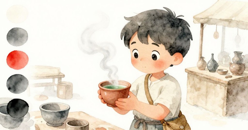 Galen 小心操作陶杯泡茶，杯中翡翠色茶液蒸汽袅袅，展現出實驗與細膩情感的靜謐場景。