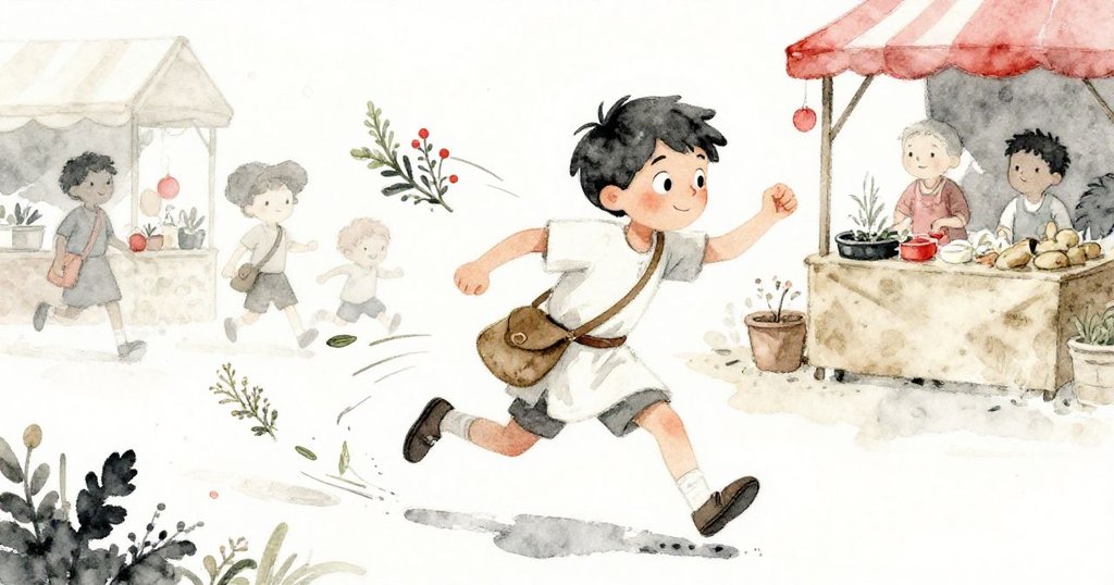 Galen 在熙攘市場中快速穿梭，拾取散落草枝，動感光影呈現決心與創新行動的過程。