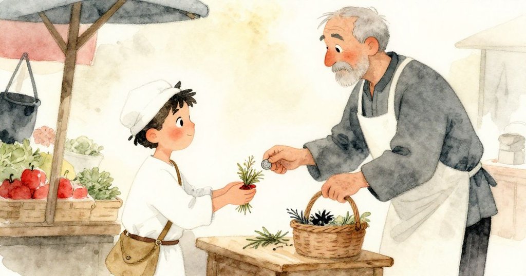 傍晚柔光中，Galen 與商人交換草藥束與銀幣，動作溫柔互動，揭示交易成功與信任的溫馨結局。