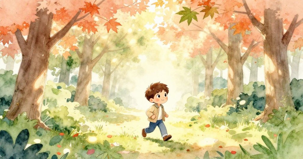 雷歐在晨曦中的楓樹公園踏上探險之旅,環境散發著柔和金光與綠意盎然的自然氣息,充滿期待。