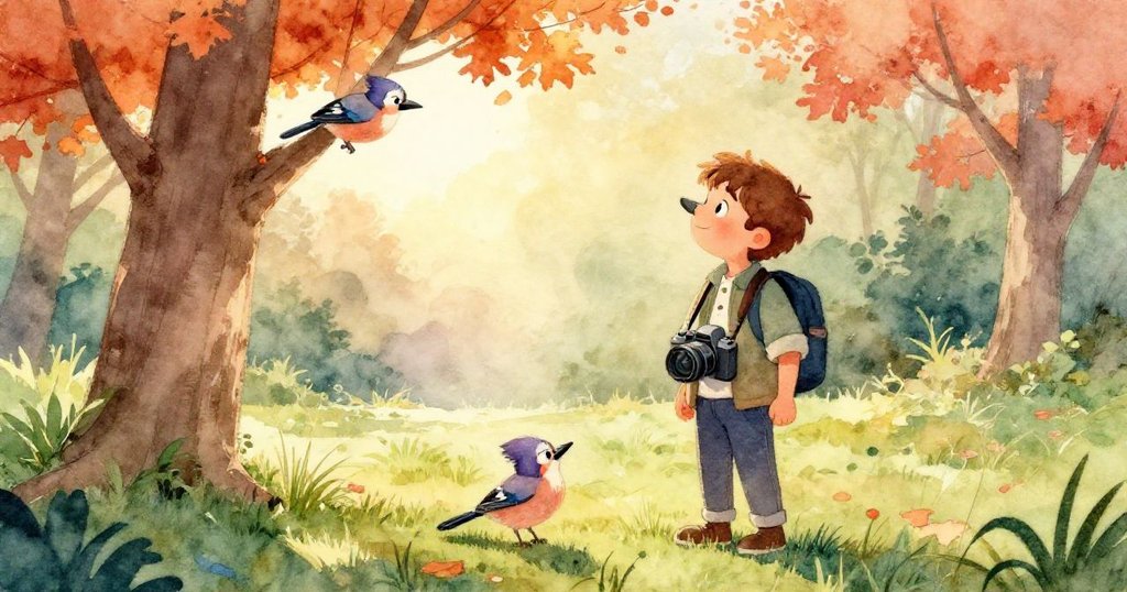 雷歐專注凝視相機取景器,眼神中流露決心與期待,背景隱約呈現公園晨光與自然氛圍。