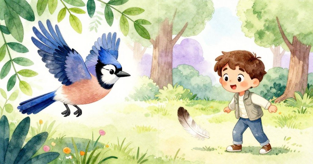 雷歐驚訝按下快門後,看見藍羽鳥在綠葉間驚飛,畫面分割呈現輕飄的羽毛與瞬間的錯失。