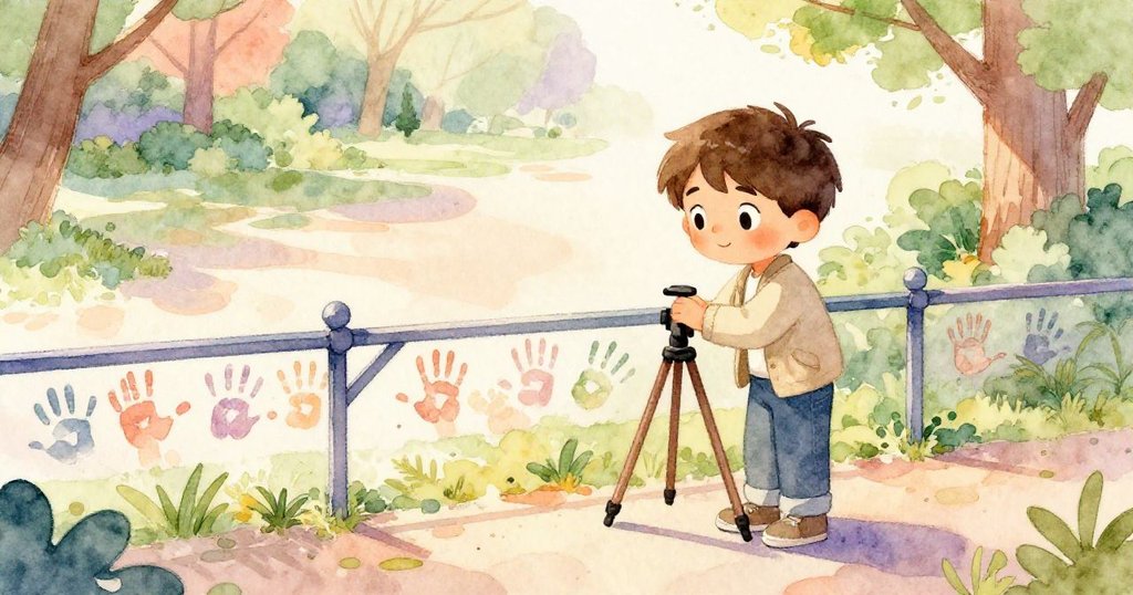 雷歐在彩繪手印的欄杆旁調整腳架,晨光與陰影交錯呈現時光流轉,畫面充滿耐心與專注。