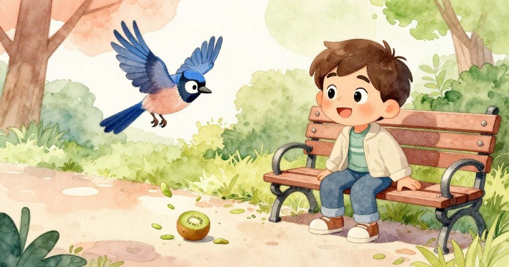 雷歐在公園長椅上快樂捕捉藍羽鳥與散落奇異果互動瞬間,場景充滿溫馨與歡慶的自然氛圍。