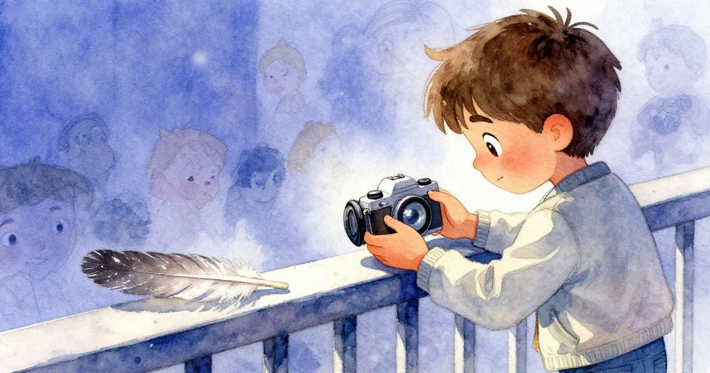 雷歐靜靜回顧成功拍攝的相片,眼神中透露安慰與思索,欄杆上輕盈羽毛與微光倒影營造深邃寧靜。