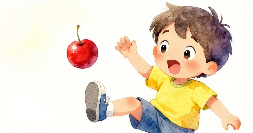 萊奧正玩味地用鞋輕觸紅球，臉上展現驚喜與好奇，背景柔和，散發出陽光溫暖。