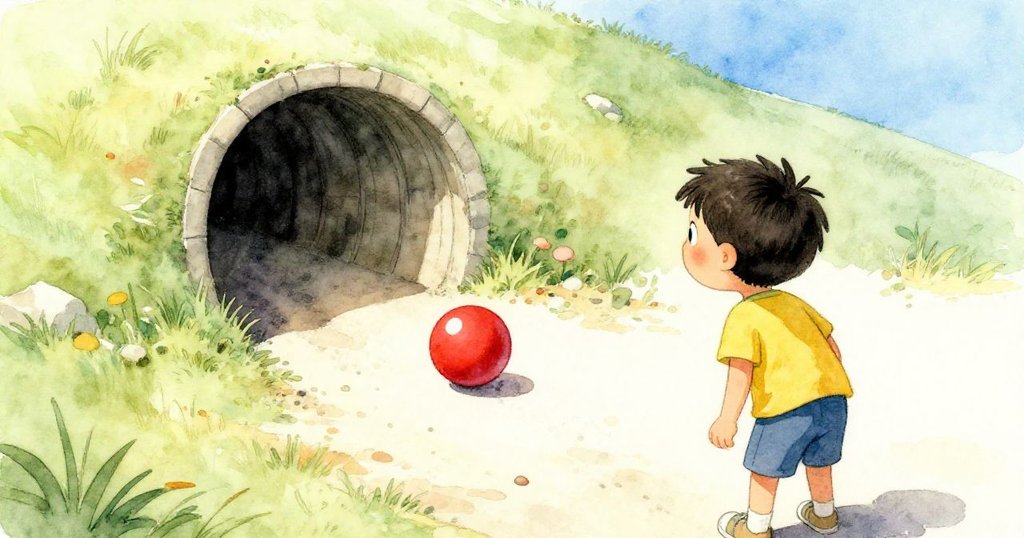 萊奧回頭望向滾動的紅球，正朝向陰暗隧道沖去，草地細緻明亮，充滿緊張氣氛。