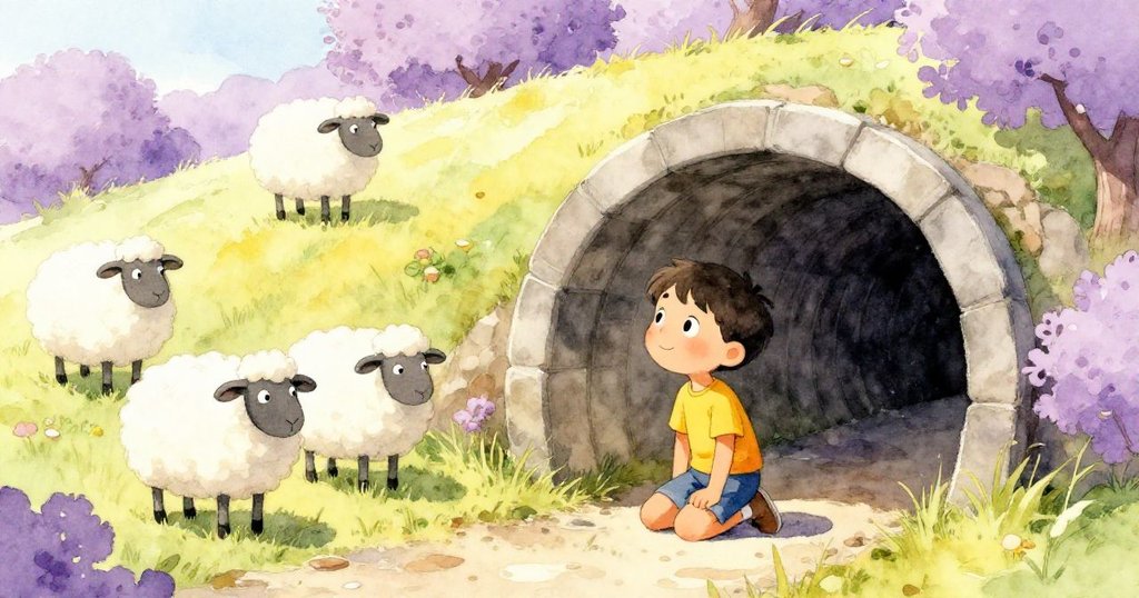 萊奧蹲在暗洞旁沉思，羊群抬頭關注，山坡季節色彩柔和，表現出落寞與疑慮。