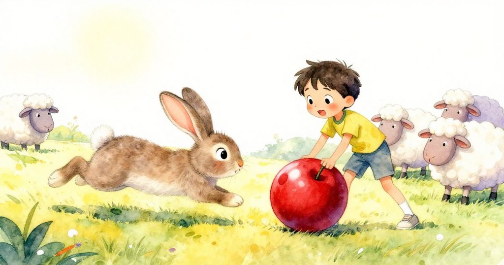 活潑兔子跳出推動紅球回來，萊奧注目回應，羊群靜觀情景，畫面充滿生動互動。