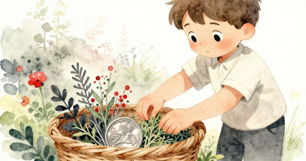 馬可彎腰採摘鮮亮草藥，仔細放入敞開籃中，閃亮硬幣隱約現身，神情專注流露細膩情懷。