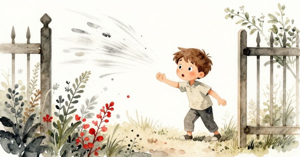 半開花園門映入眼簾，風吹拂草藥飛散，馬可驚愕凝視瞬間，自然戲劇化地展現動感與轉折。