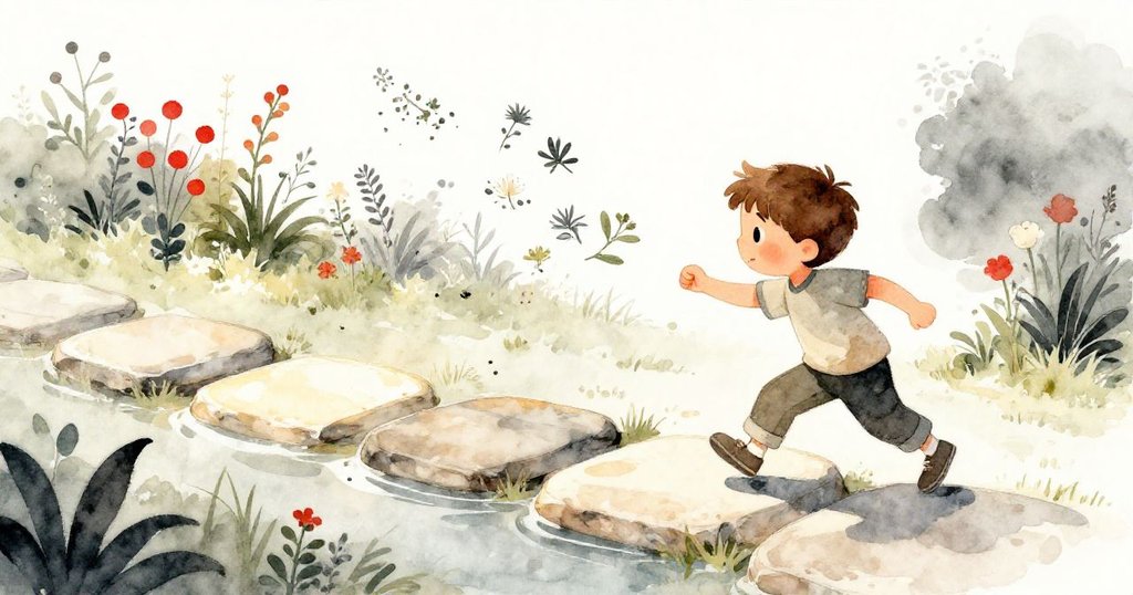 午後金光瀰漫花園，馬可奔跑於步石上追逐飛散草藥，水洼映出曙光，情景展現時光流轉韻味。