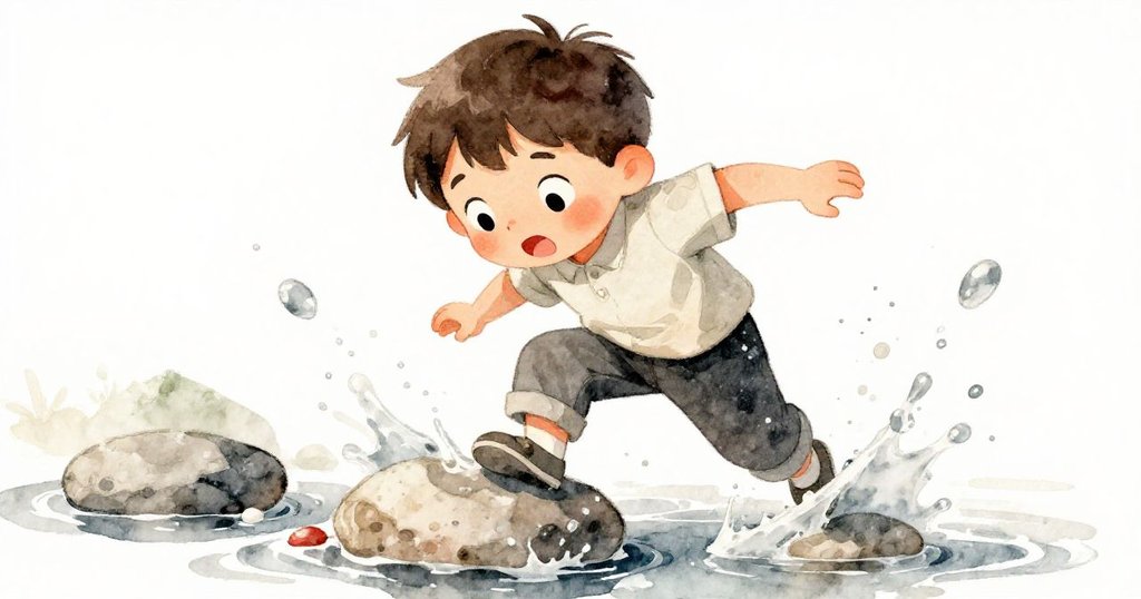 馬可在濕滑步石上驟然跌倒，水花四濺中流露出驚訝與堅毅，緊張瞬間中蘊含奮鬥精神。