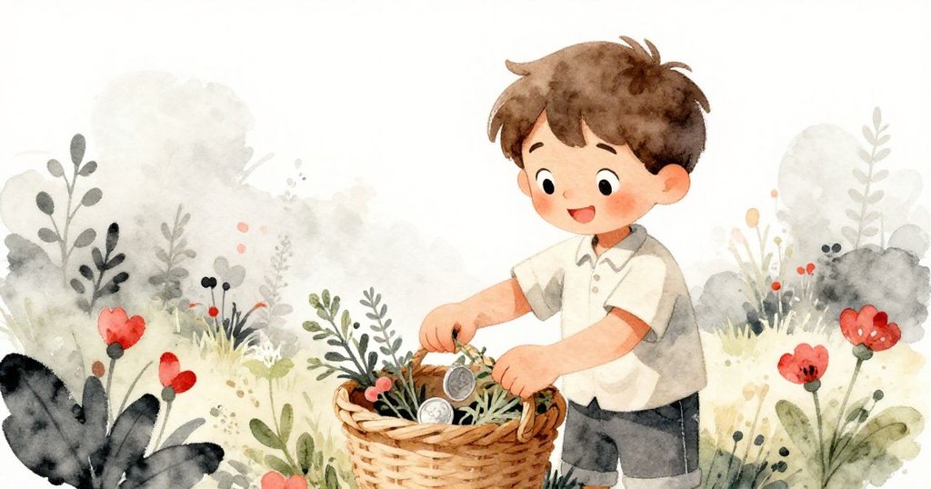 馬可整理草藥與硬幣後滿懷希望走回家，籃中珍寶與花園背景呼應出溫馨重聚與圓滿結局。